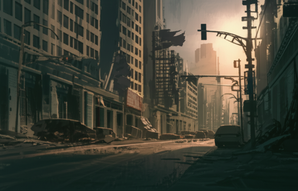 Ruined city at twilight