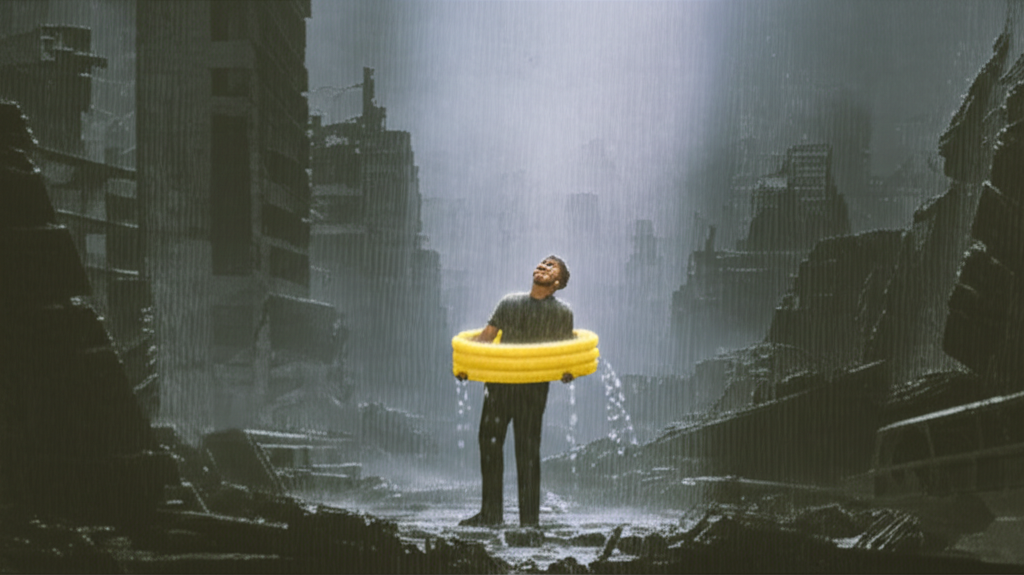 Man in the rain with yellow pool