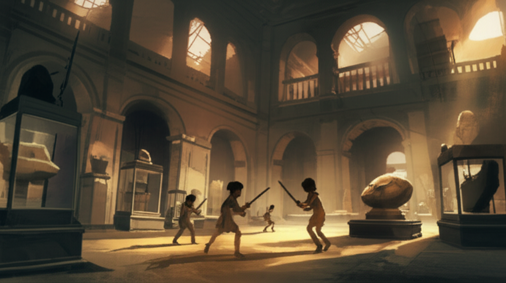 Children sparring in a museum